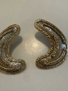 Vintage Mexican  Gold-Tone Textured Crescent Clip Earrings